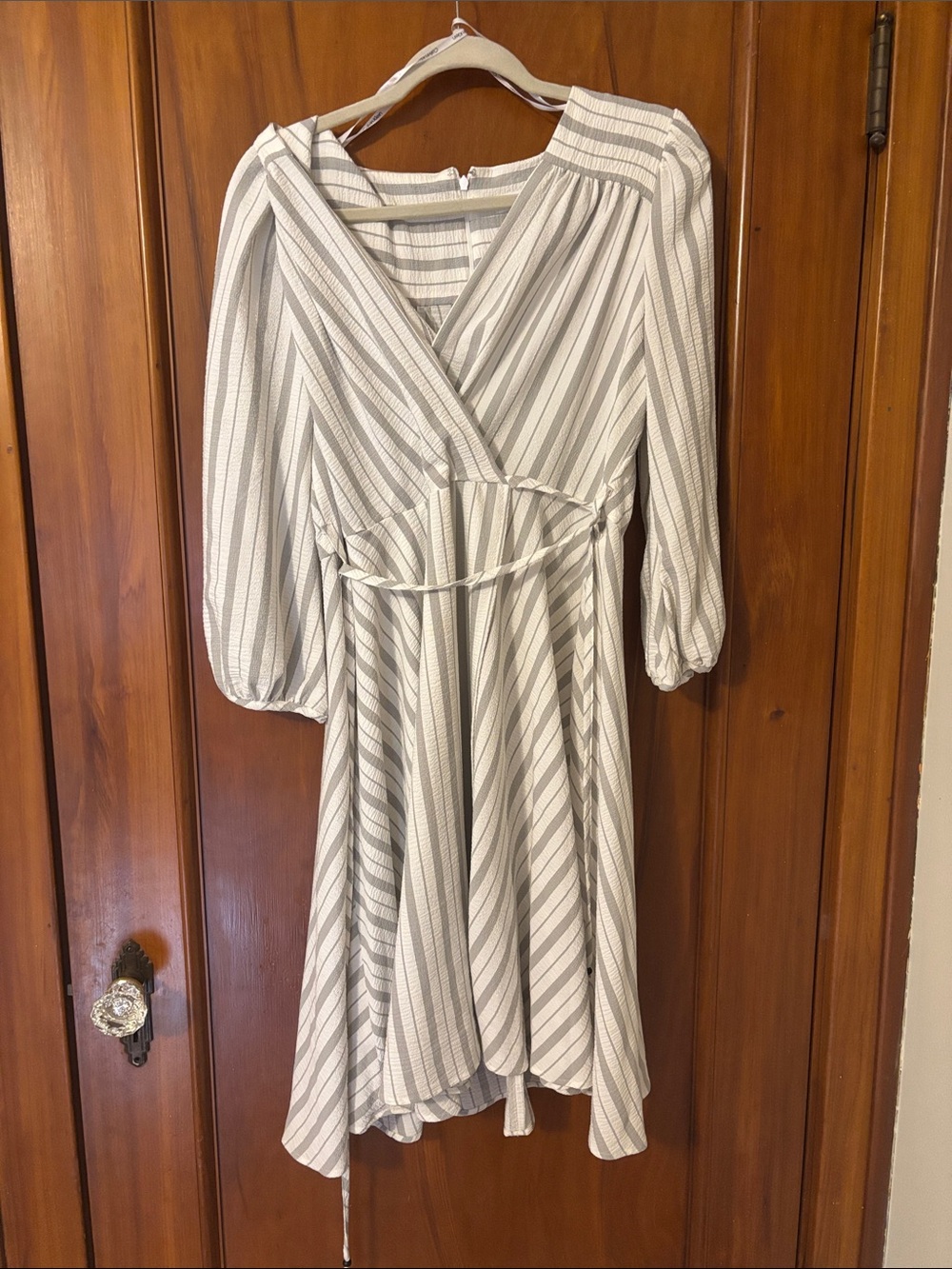 Calvin Klein Striped Wrap Midi Dress in Cream and Gray